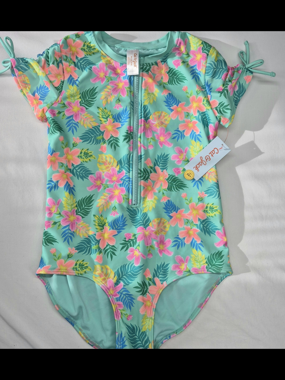 Cat & Jack Tropical Zip-Front One-Piece Swimsuit UPF 50+ Girls 14 XL+ Swim